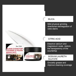 Detail of Jue Fish glass cooktop cleaner ingredients showing silica and citric acid
