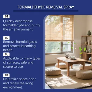 Formaldehyde removal spray benefits shown in a clean minimalist living room scene.