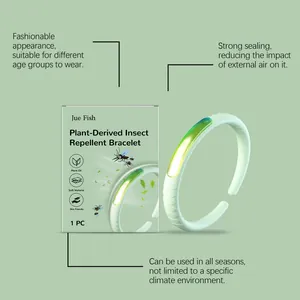 Detail van de Jue Fish plantaardige insectenwerende armband en de bijbehorende verpakking