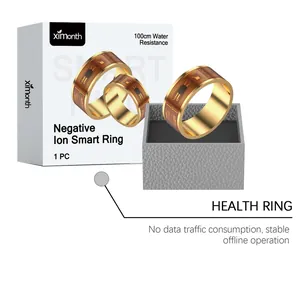 Detailansicht goldener NFC Smart Ring mit Schaltungsmuster und Verpackung