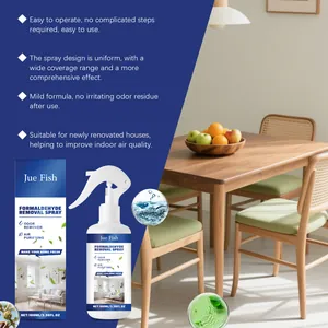 Detail showing Jue-Fish formaldehyde removal spray features and home usage scene.