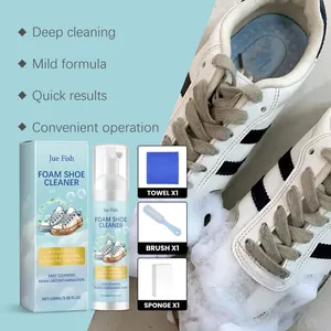 Detail view of foam shoe cleaner kit including towel, brush, and sponge accessories.