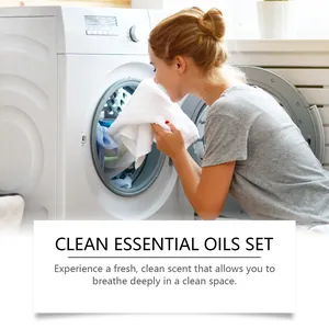 Fresh scent laundry essential oil set shown with clean white towels from washing machine