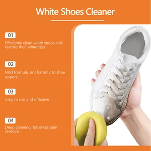 Detailed view of cleaning white leather sneakers using a sponge with white shoes cleaner.