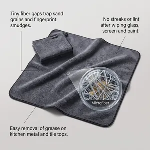 Detailed macro view of grey microfiber cleaning cloth showing absorbent lint-free fiber structure