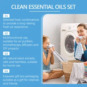 Clean essential oils set marketing graphic showing product benefits and laundry usage