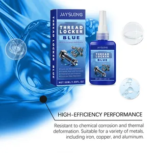 Detail view of 50ml blue thread locker adhesive for securing metal screws and fasteners