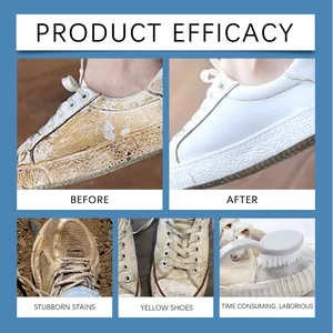 Detailed comparison showing white shoe cleaner removing stubborn stains and yellowing on shoes.