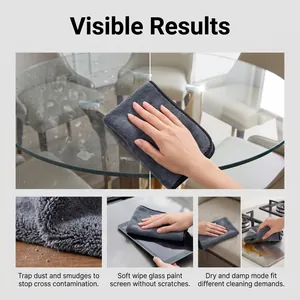 Gray microfiber cleaning cloth used on glass table, screen, and kitchen stove.