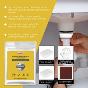 High-strength metal welding glue kit with A&B repair adhesive, gloves, and sandpaper