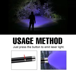 Detail showing how to use portable flashlight with purple laser beam on outdoor path