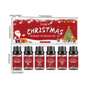 Sechsteiliges Weihnachts-Duftöl-Set mit detaillierten Flaschen- und Boxabmessungen