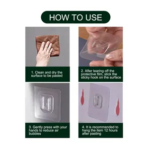 Four-step instructional guide showing how to use self-adhesive double-sided wall hooks.