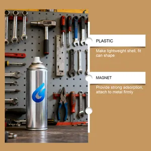 Detail of magnetic aerosol can holder with plastic shell and strong magnet for garage.