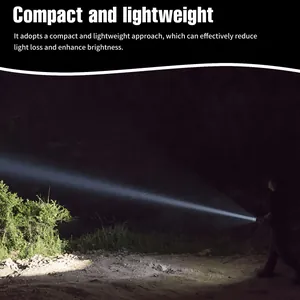 Powerful long-range beam of a compact portable LED flashlight shown in outdoor night scene