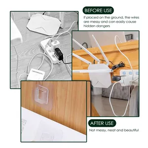 Detail view showing before and after use of double-sided adhesive wall hooks for cables.