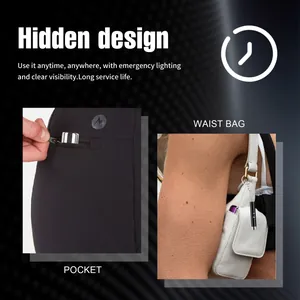Portable mini LED flashlight shown attached to a waist bag and hidden in a pocket