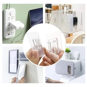 Transparent double-sided adhesive wall hooks shown in various home organization scenes.