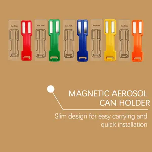 Detailed view of colorful magnetic aerosol can holders and packaging boxes.