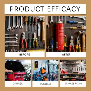 Multi-scene usage of magnetic spray can holder showing organization in garage and toolbox.