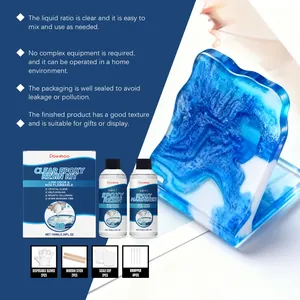 Umfassendes DIY-Epoxidharz-AB-Set mit Zubehör und gehärteter blauer Wellenprobe.