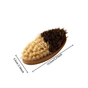 Close-up of the oval bamboo vegetable brush with dual-tone bristles and dimensions