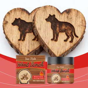 Produktdetail zeigt Jue Fish Holzbrennpaste Tiegel und fertig gebrannte Holzmuster