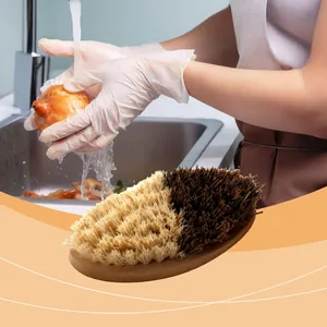 Ergonomic bamboo vegetable cleaning brush with dual-color soft bristles for kitchen use
