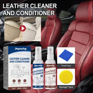 Leather cleaner and conditioner kit with spray bottles, blue towel, and yellow sponge