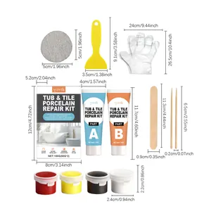 Comprehensive porcelain repair kit with dimensions for tub, tile, and ceramic surfaces