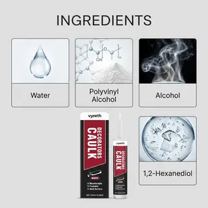 Infographic of Vyreth decorators caulk listing ingredients like alcohol and water