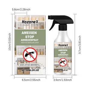 Gedetailleerde afmetingen van Hozonex mierenspray fles en verpakkingsdoos