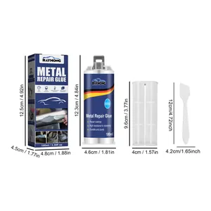Detailansicht des 100-ml-Metallreparaturkleber-Sets von Rayhong mit Maßangaben.