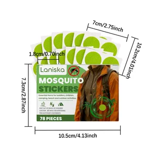 Detailoverzicht van Laniska muggenstickers met afmetingen voor doos en patches.
