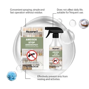 Gedetailleerd overzicht van HozoneX mierenwerende spray en doos met marketingtekst