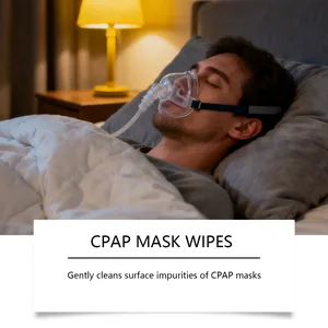 Man slaapt met CPAP-masker, toont het gebruik van specifieke reinigingsdoekjes voor maskers