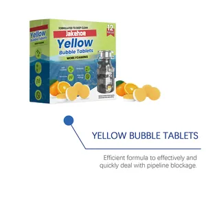Detailansicht von JAKEHOE gelben Brausetabletten mit Rohrreinigungsdiagramm und Packung