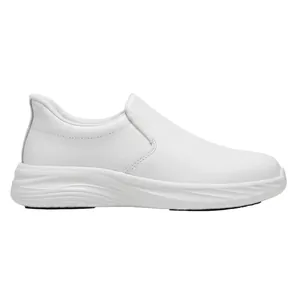 Vista lateral detallada de zapatos de trabajo blancos antideslizantes para cocina