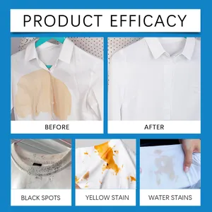Before and after comparison showing effectiveness of stain remover on various fabrics