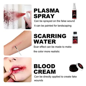 Dettaglio set trucco Halloween con spray sangue finto, acqua cicatrici e crema sangue
