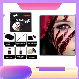 Jue-Fish Kit Trucco SFX per Halloween Cera Realistica per Cicatrici Gel Sangue Finto Spray Spatola Spugne per Feste Horror