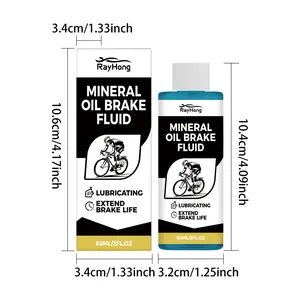 Dimensions of RayHong mineral oil brake fluid for bicycles 60ml bottle and packaging box.