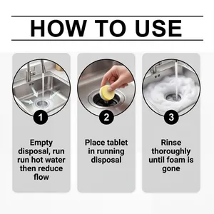 Three-step visual guide for using foam garbage disposal cleaning tablets