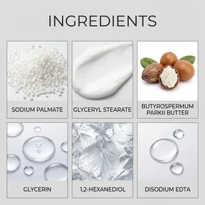 Lista detallada de ingredientes con palmato de sodio, glicerina y manteca de karité