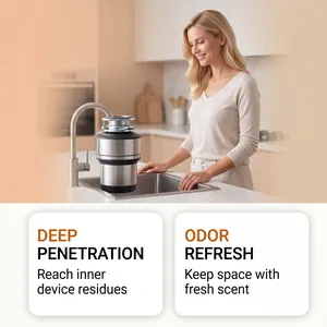Kitchen garbage disposal cleaning tablets showing deep penetration and odor refresh benefits.