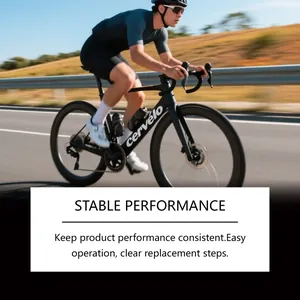 Action shot of a cyclist with text emphasizing stable bicycle brake oil performance.