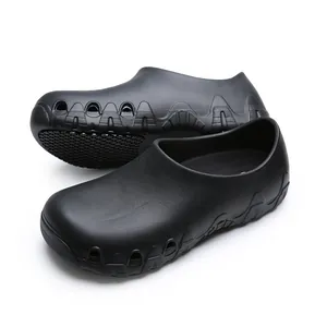 Detail of black non-slip chef shoes showing waterproof EVA material and grip sole