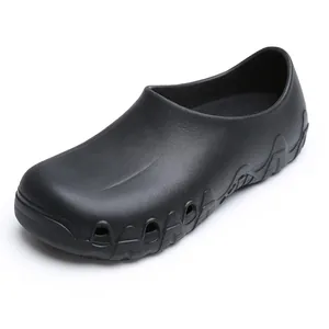 Detailed view of black slip-resistant chef work shoe featuring waterproof material