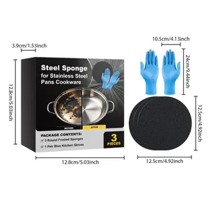 Dimension specs for stainless steel sponge set including blue gloves and sponges