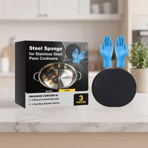 Comprehensive steel sponge cleaning set for stainless steel pans with blue kitchen gloves